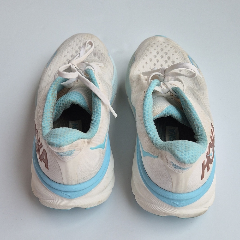 Hoka Clifton 9 White and Light Blue Athletic Running Shoes - Picture 7 of 9